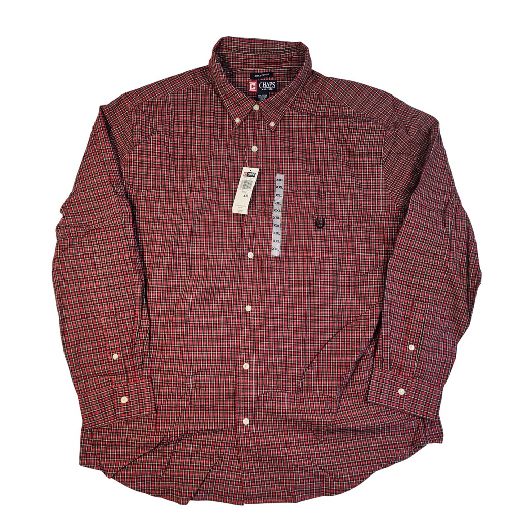 Chaps Mens XXL Red Plaid Long‎ Sleeve Button Down Cotton Shirt NWT 100% Cotton